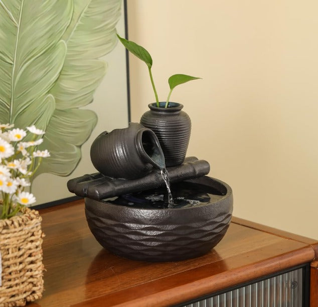 Artistic Zen Tabletop Fountain with Plant Vases - Textured Indoor Water Feature by Aura Store 333 Limited