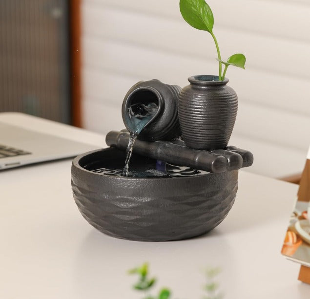 Artistic Zen Tabletop Fountain with Plant Vases - Textured Indoor Water Feature by Aura Store 333 Limited
