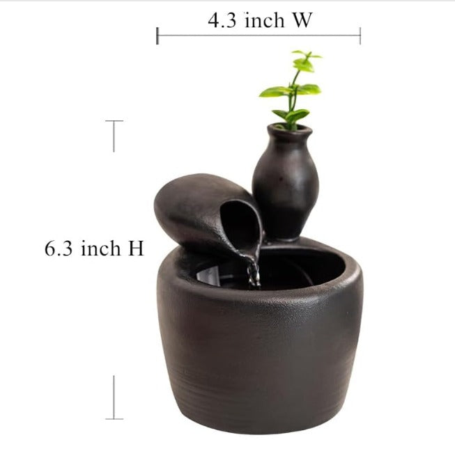 Minimalist Tabletop Water Fountain with Plant Vase - Compact Indoor Fountain